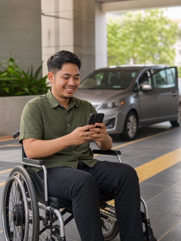 Client in a wheelchair smiling while booking transport on a smartphone